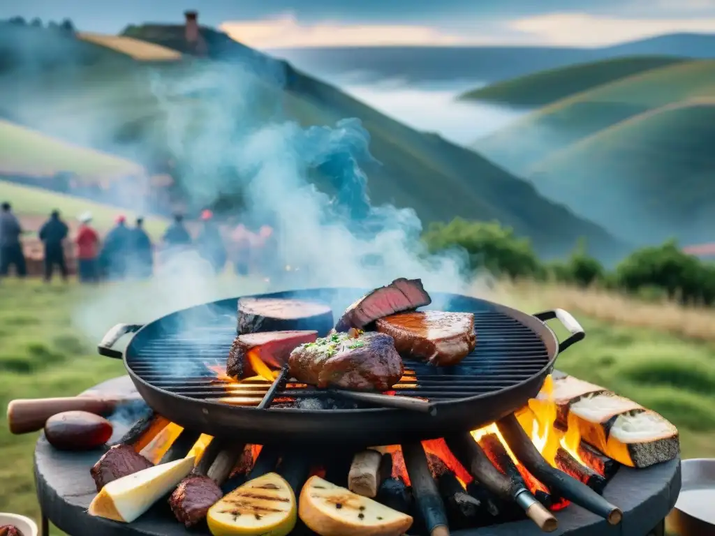 Una celebración festiva de sabores del interior uruguayo, con gauchos asando carne en un asado tradicional en el campo