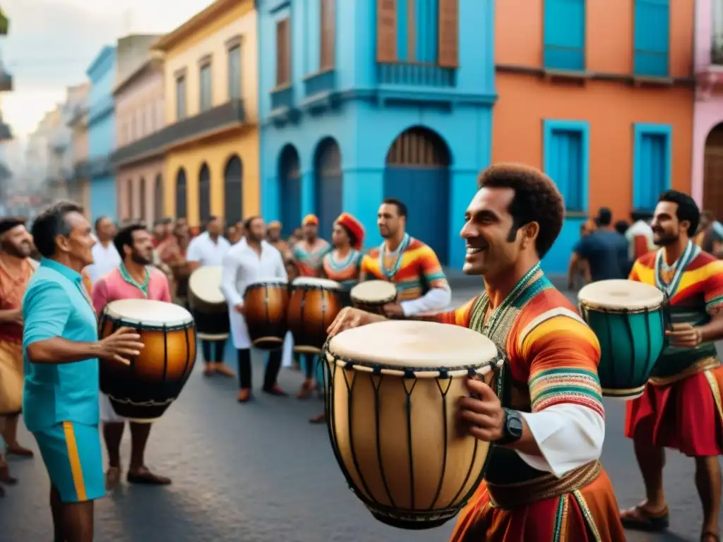 Celebración de la herencia africana en Uruguay: grupo diverso tocando tambores de candombe en Montevideo