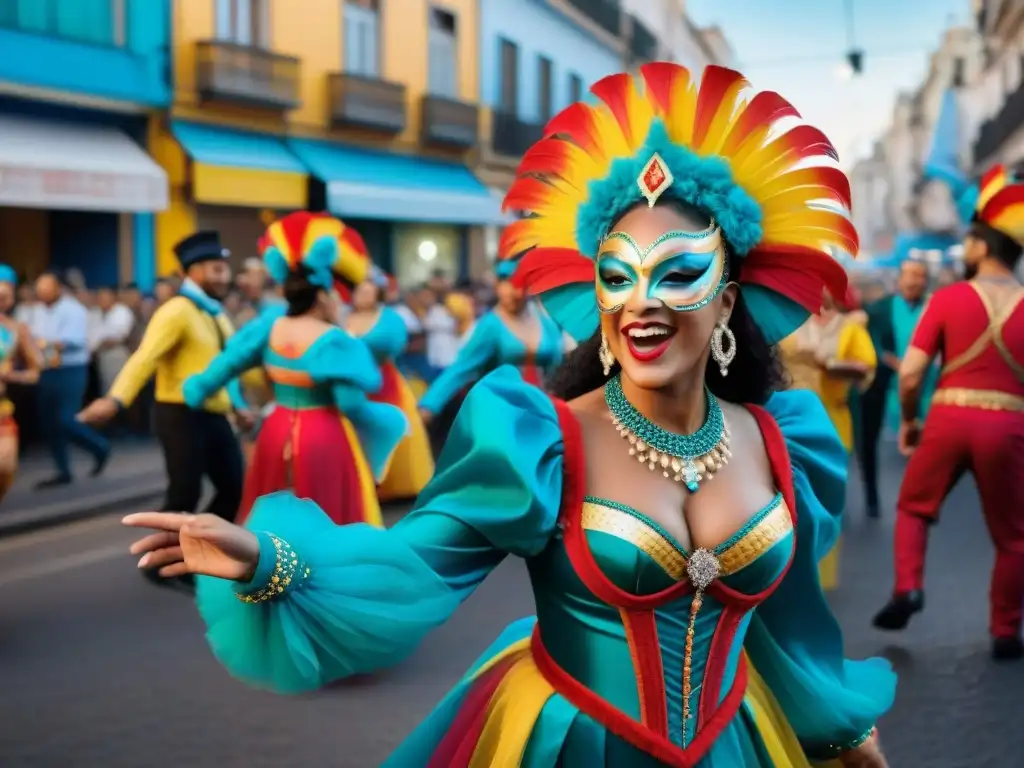 Una celebración inclusiva en Montevideo: gente de todas las edades y orígenes bailando juntos en el carnaval con trajes coloridos