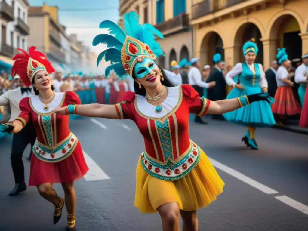 Una celebración vibrante del Carnaval Uruguay preservación fiesta grande con bailarines y coloridos trajes en Montevideo