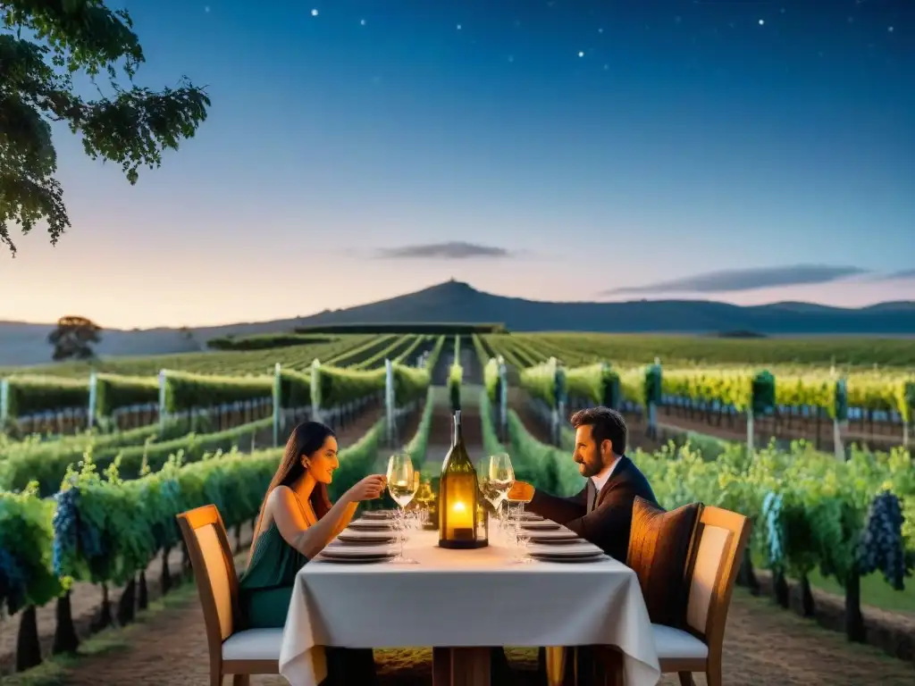 Cena íntima bajo las estrellas en viñedos de Uruguay Una cena mágica en viñedos uruguayos: mesa iluminada por velas, platos típicos y conversaciones animadas bajo un cielo estrellado