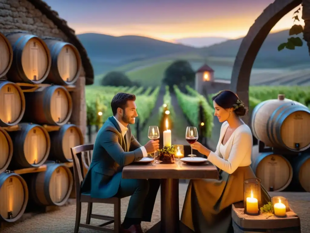 Una cena romántica en una bodega uruguaya: pareja disfrutando a la luz de las velas entre barricas de vino y delicias locales