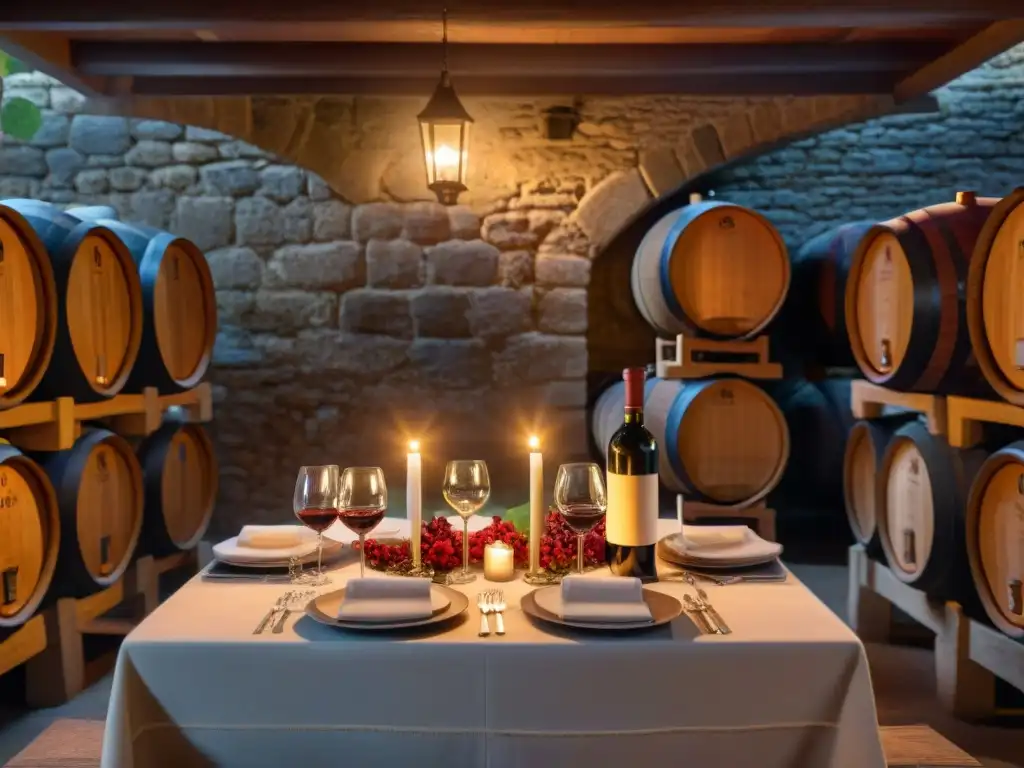 Una cena romántica en una bodega uruguaya: mesa iluminada por velas, barricas de roble y pareja brindando con vino tinto