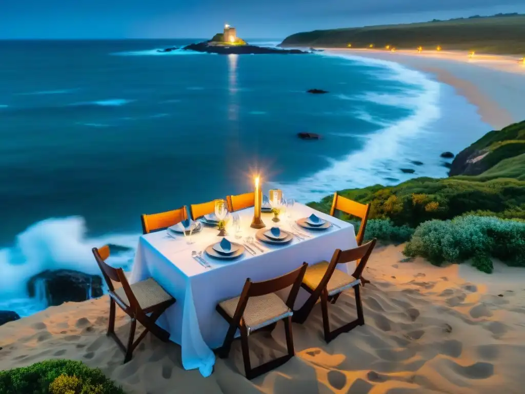 Una cena romántica de lujo en Uruguay, junto al mar en una playa tranquila, bajo un cielo estrellado y velas brillantes