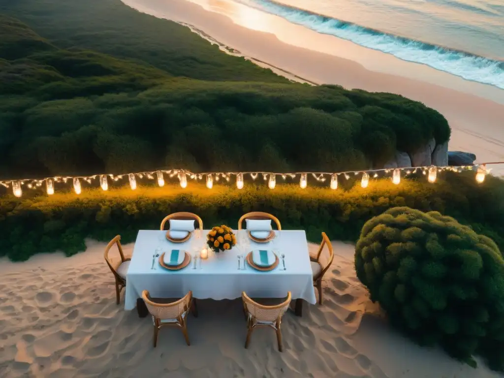 Cena romántica de lujo en Uruguay: mesa con velas en playa al atardecer, pareja atendida por camarero bajo luces de hadas