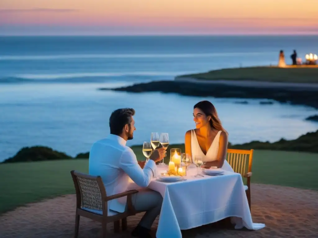 Una cena romántica de lujo en Uruguay: pareja conversando en terraza con vista al mar al atardecer