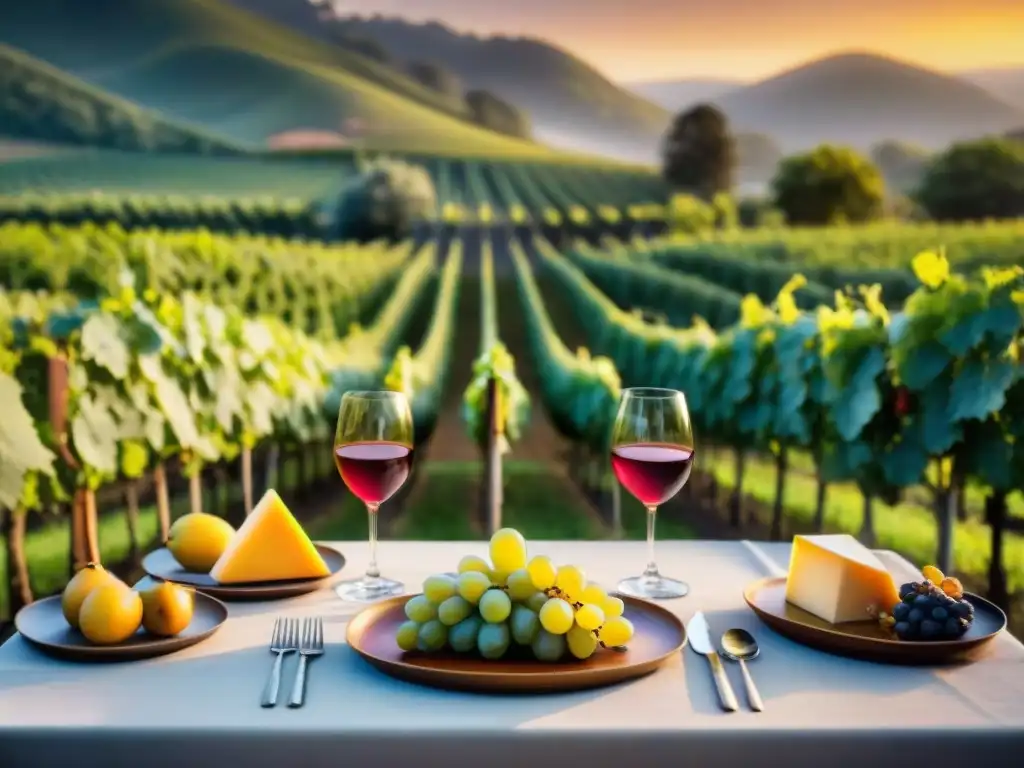Exquisita mesa en viñedo al atardecer Cena en viñedos uruguayos: mesa elegante en viñedo al atardecer, copas de vino, velas, quesos y frutas locales