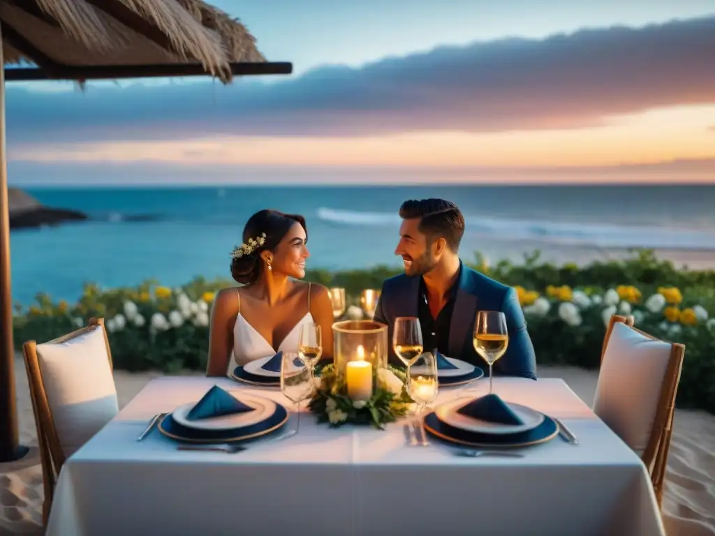 Cenas románticas de lujo en Uruguay: Cena privada en la playa al atardecer, con elegante decoración y ambiente mágico