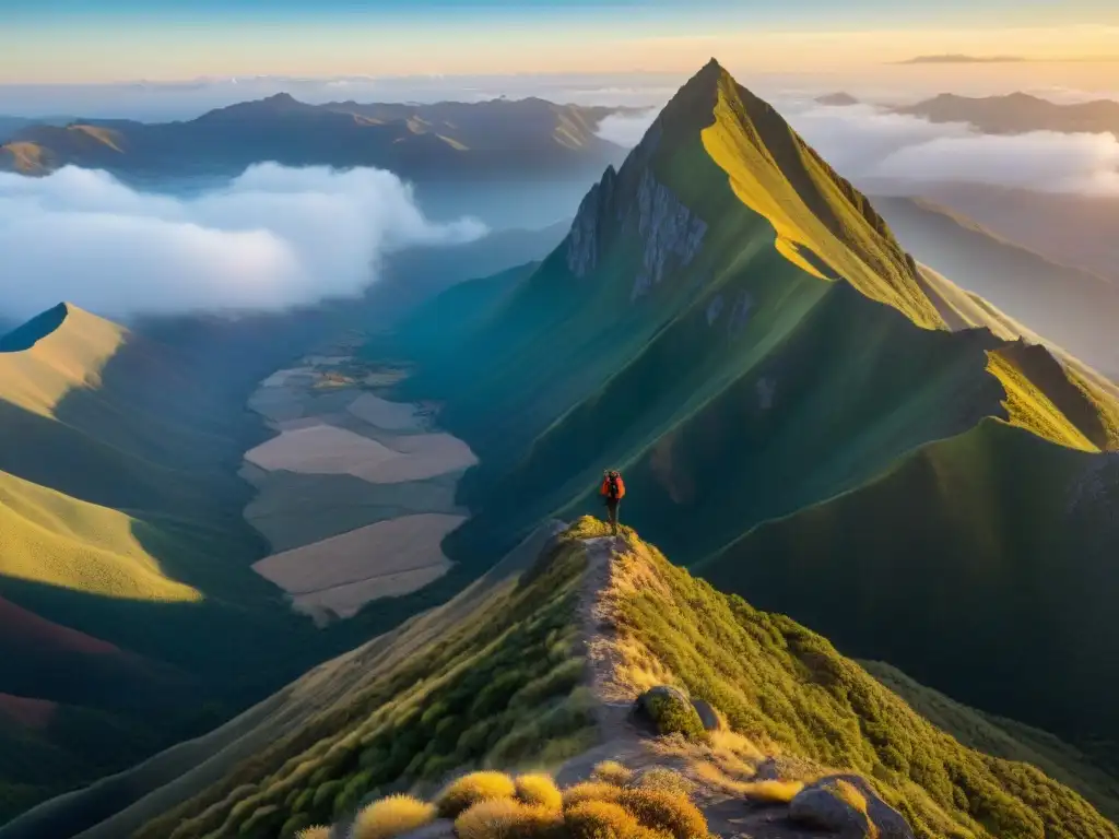 Conquistar Cerro Pan de Azúcar: Amanecer épico en las montañas, con un senderista admirando el paisaje majestuoso al horizonte