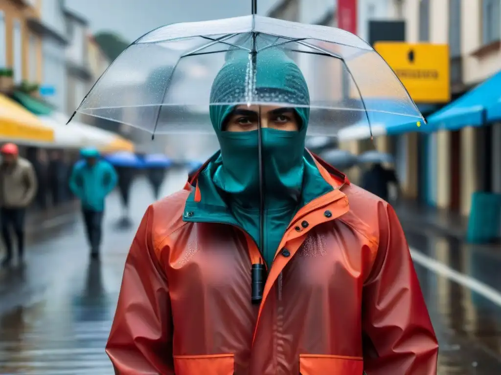 Chaqueta impermeable roja bajo lluvia intensa en la calle de Uruguay