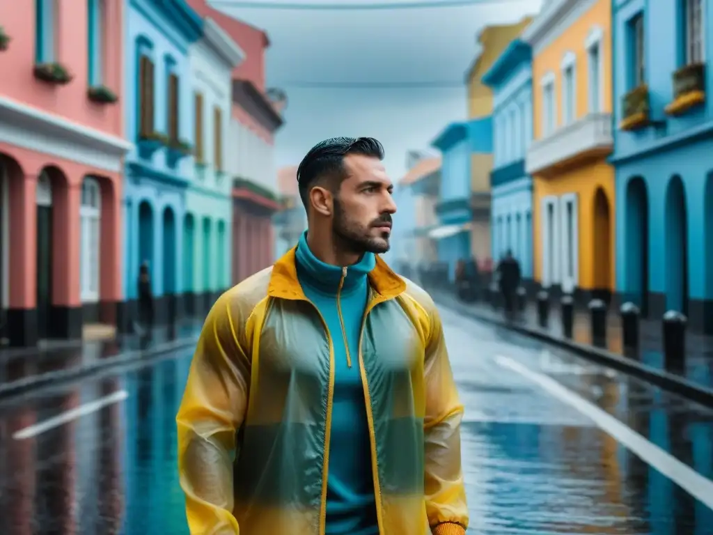 Chaquetas impermeables para lluvia en Uruguay: una calle lluviosa llena de vida y color, con locales y turistas luciendo elegantes impermeables