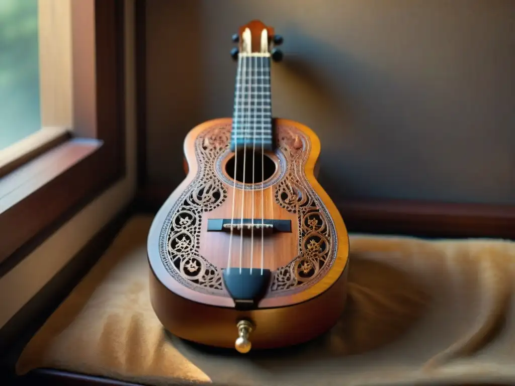 Un charango de madera tallada con detalle, sobre un estuche de cuero envejecido