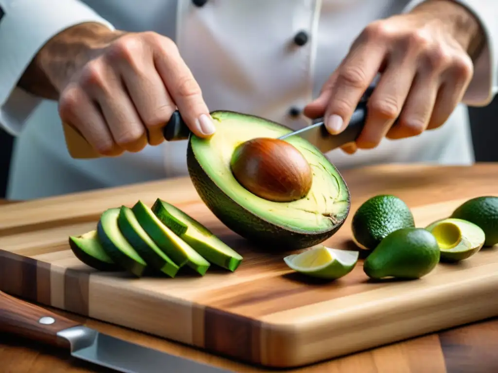 Un chef corta un aguacate con precisión en tabla de madera, resaltando técnicas gourmet platos uruguayos