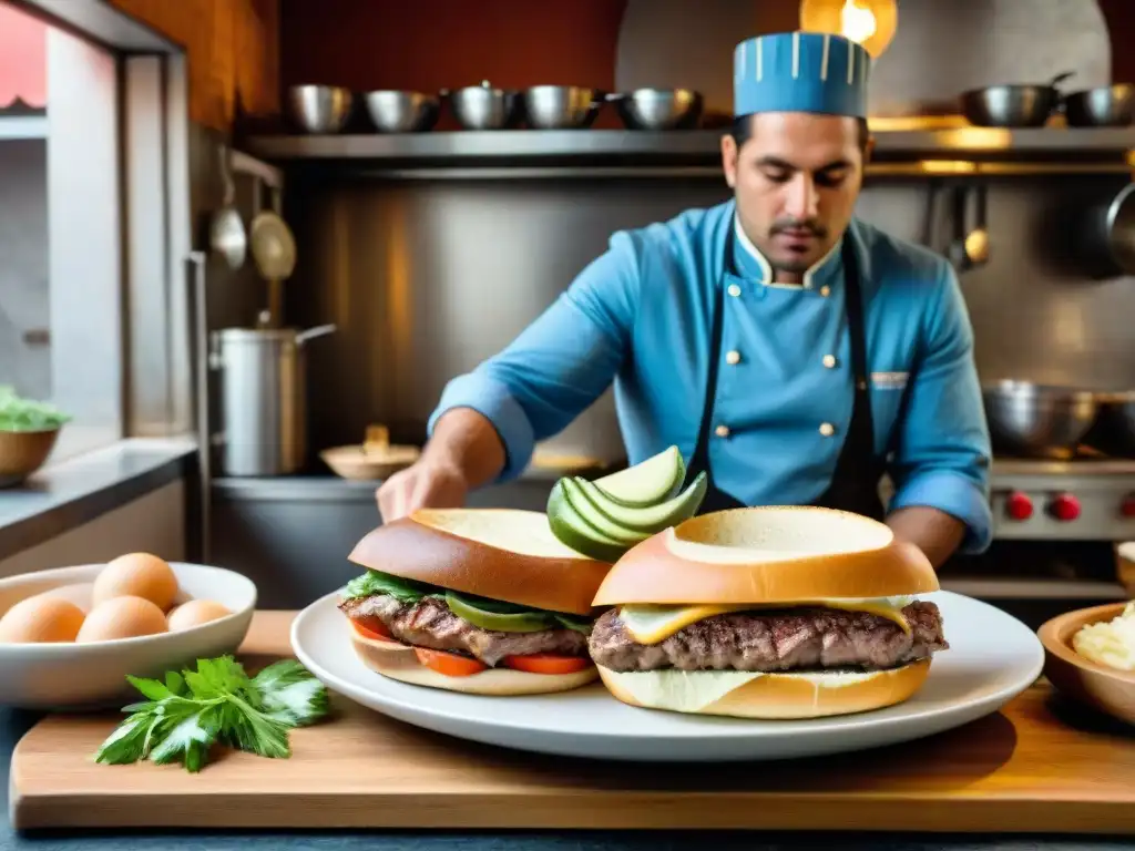 Un chef preparando auténtico chivito en una cocina uruguaya tradicional