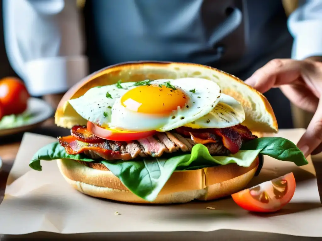 Un chef hábil preparando auténtico chivito uruguayo con precisión y arte culinario