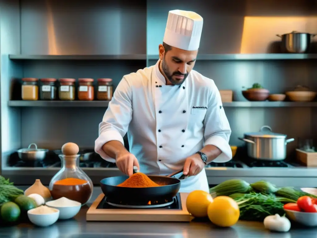 Un chef en una cocina moderna uruguaya fusionando sabores, con precisión y creatividad