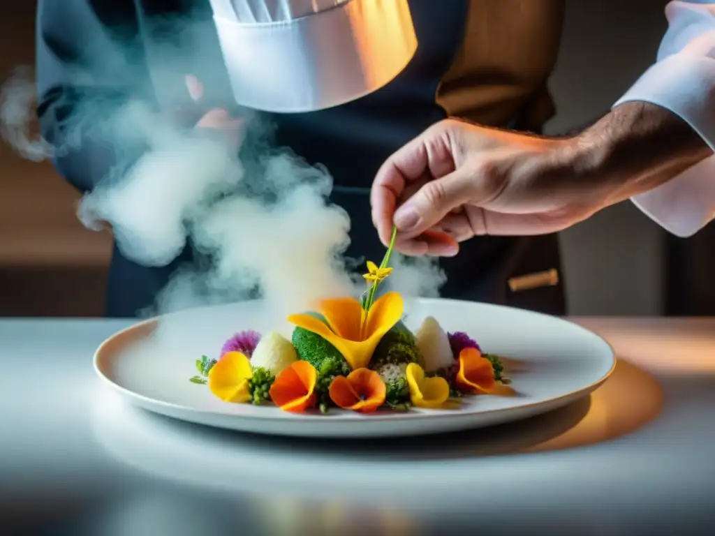 Un chef coloca con cuidado flores comestibles en un plato uruguayo, destacando técnicas gourmet