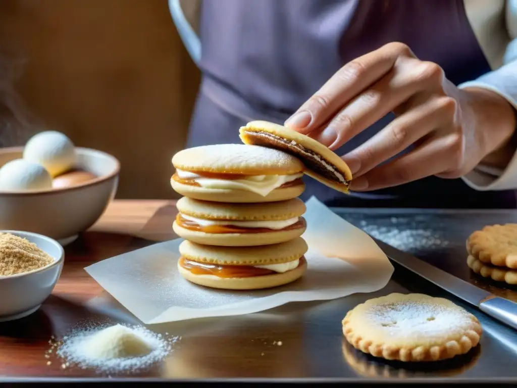 Chef experto preparando un alfajor uruguayo casero con dulce de leche en una cocina rústica