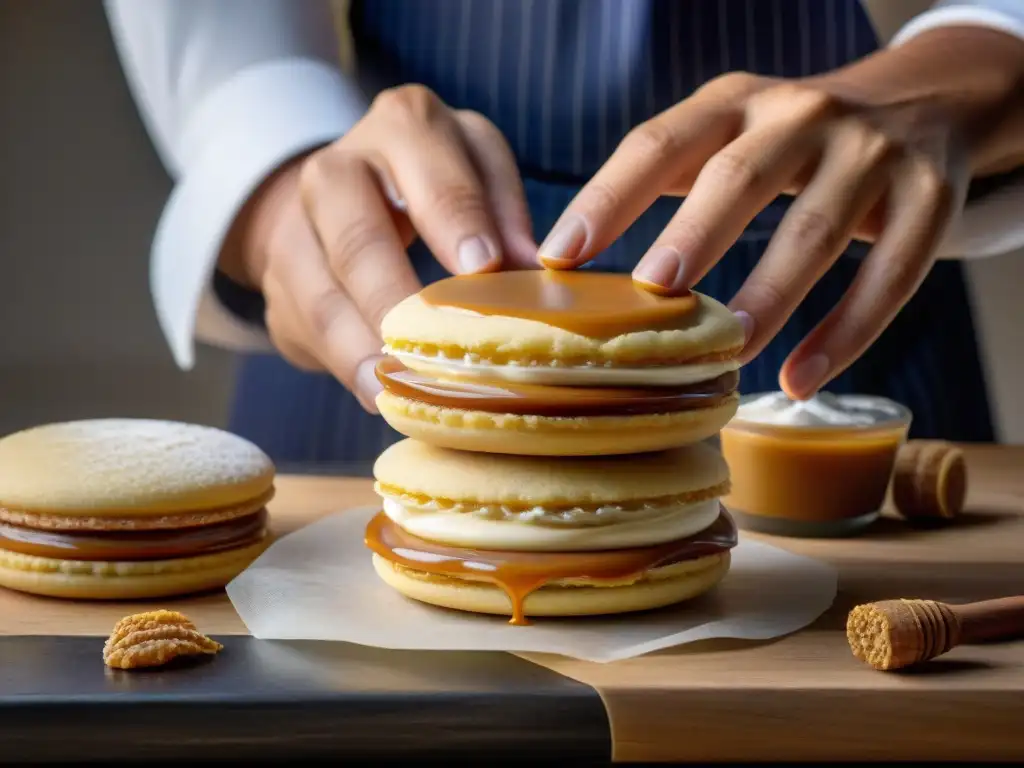 Un chef experto elabora alfajores uruguayos caseros con dulce de leche, destacando la artesanía y la destreza