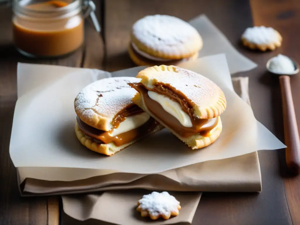 Un chef experto prepara alfajores uruguayos caseros, mostrando capas de dulce de leche