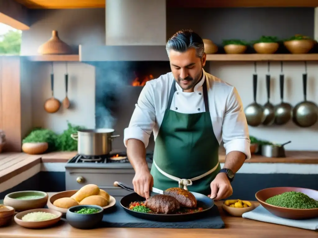 Un chef experto prepara un asado en una cocina tradicional uruguaya, rodeado de ingredientes locales