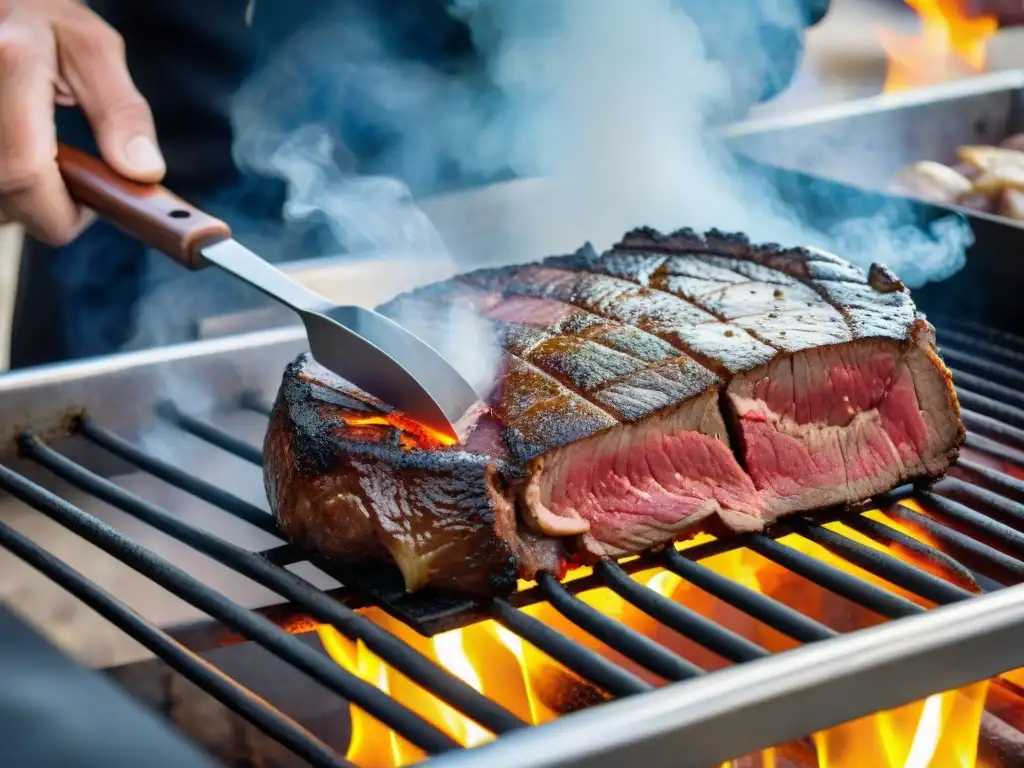 Un chef experto prepara carne uruguaya en una parrilla, creando una corteza dorada y deliciosa