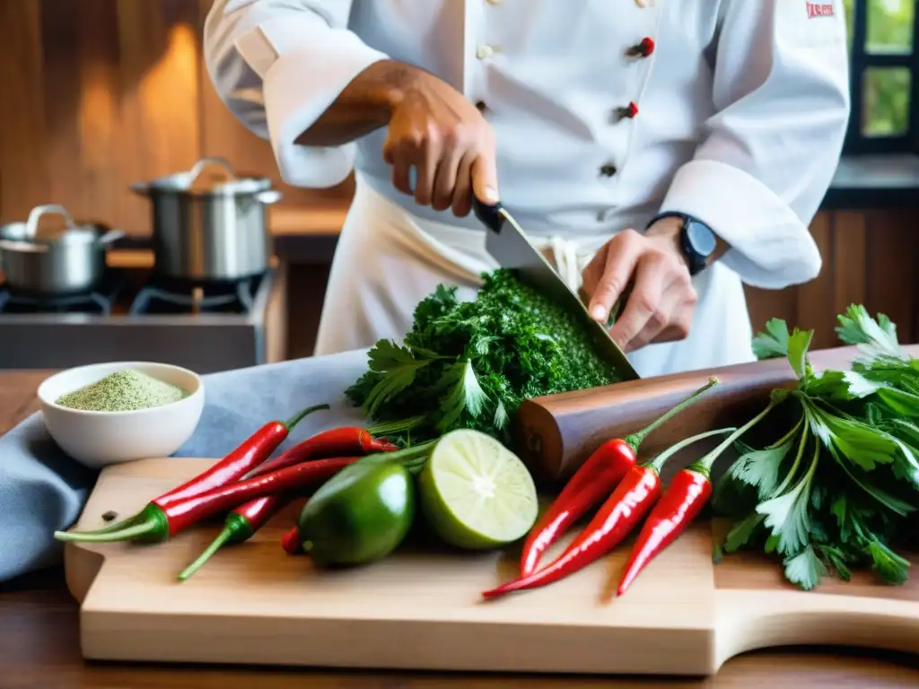 Un chef experto prepara chimichurri uruguayo en una cocina rústica