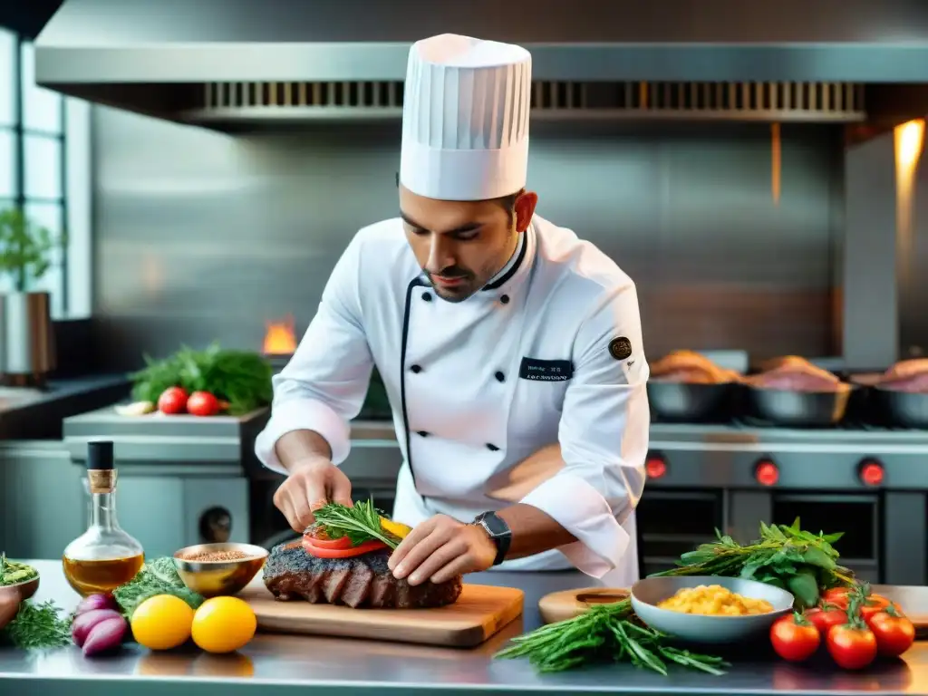 Un chef experto preparando un chivito en un elegante restaurante en Uruguay