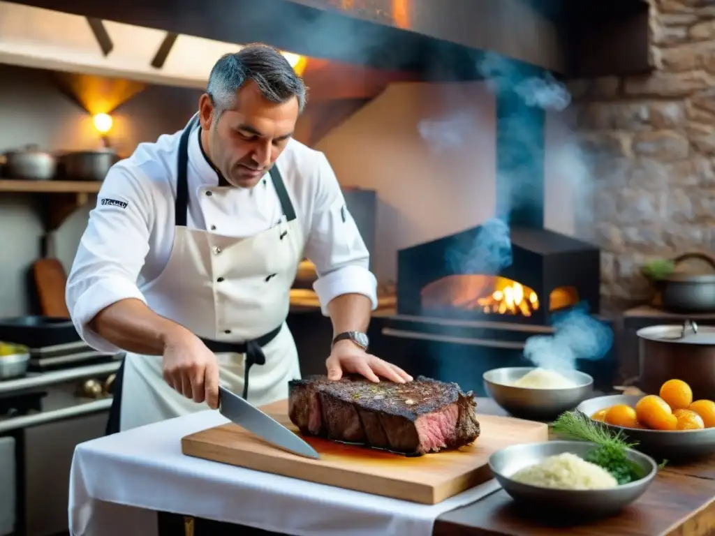 Un chef experto en una cocina de estancia uruguaya, cortando una suculenta carne