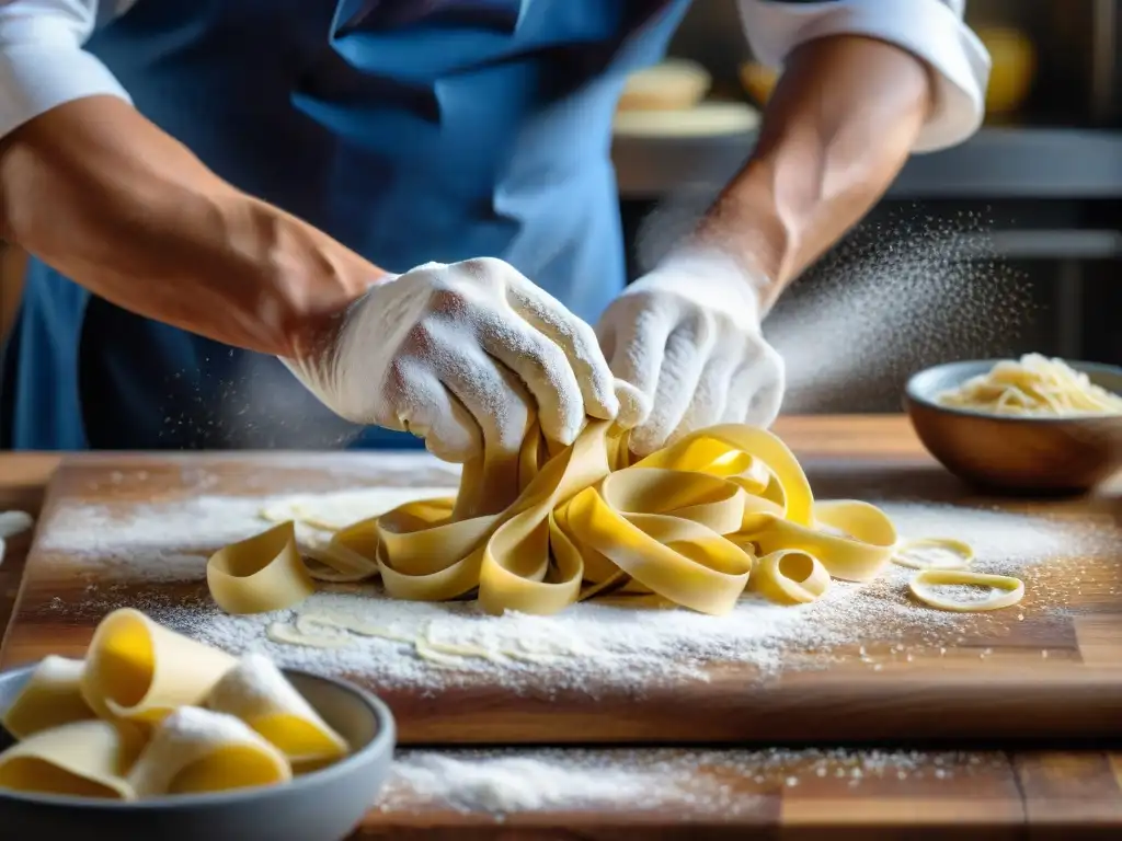 Chef experto en cocina uruguaya con influencia italiana, moldeando pasta fresca con destreza