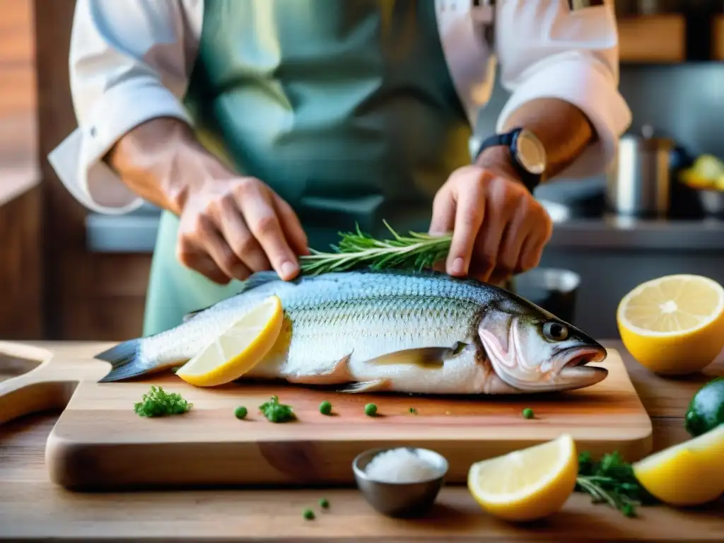 Un chef experto fileteando con destreza un lujoso robalo en una cocina uruguaya