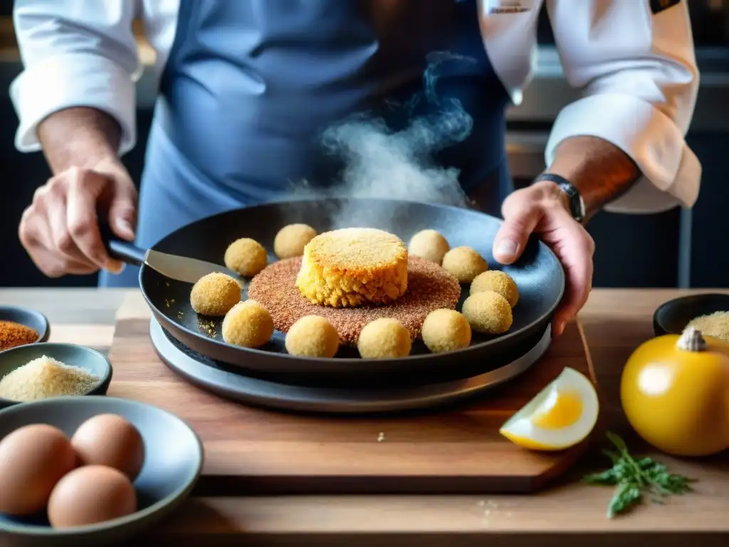 Chef experto preparando milanesas uruguayas, sumergiendo la carne en pan rallado