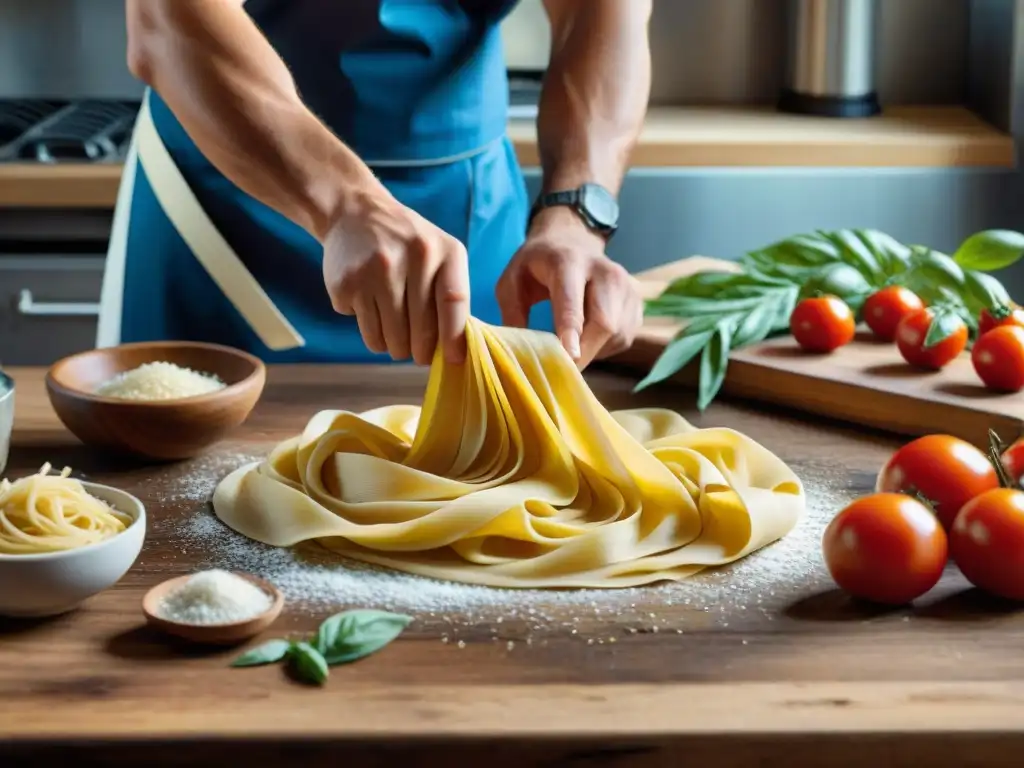 Chef experto creando pasta italiana tradicional en cocina rústica, influencia italiana gastronomía uruguaya