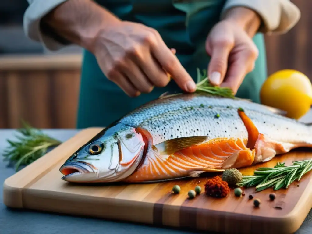 Un chef experto condimentando un pescado fresco, resaltando la artesanía culinaria