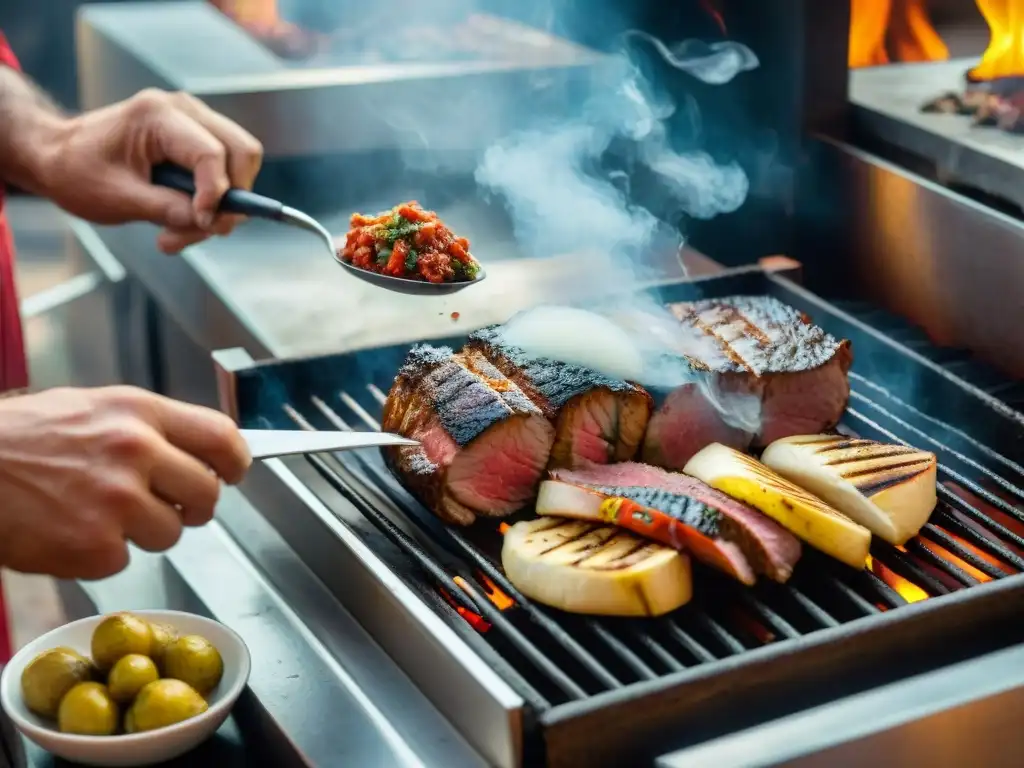 Un chef experto sazona una pieza de carne en la parrilla, técnicas gourmet platos uruguayos