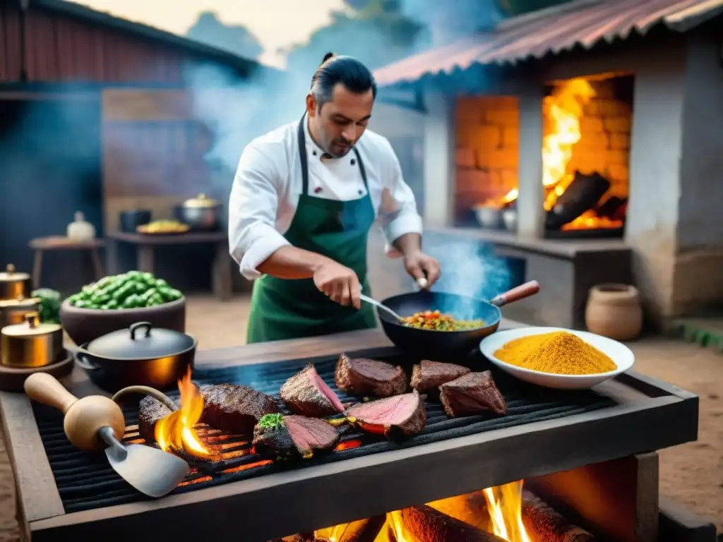Un chef experto preparando un plato clásico en una cocina tradicional uruguaya con utensilios rústicos y ingredientes frescos