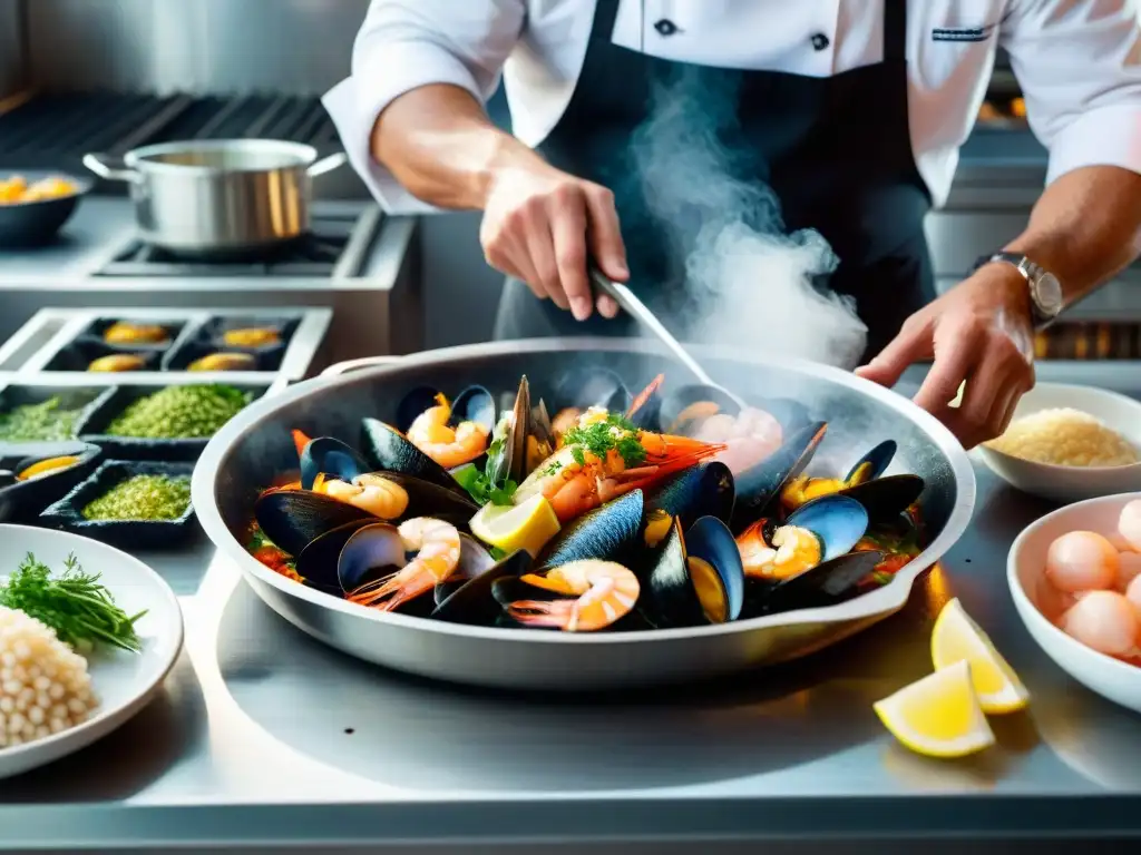 Un chef experto prepara un plato de mariscos uruguayo en una bulliciosa cocina uruguaya