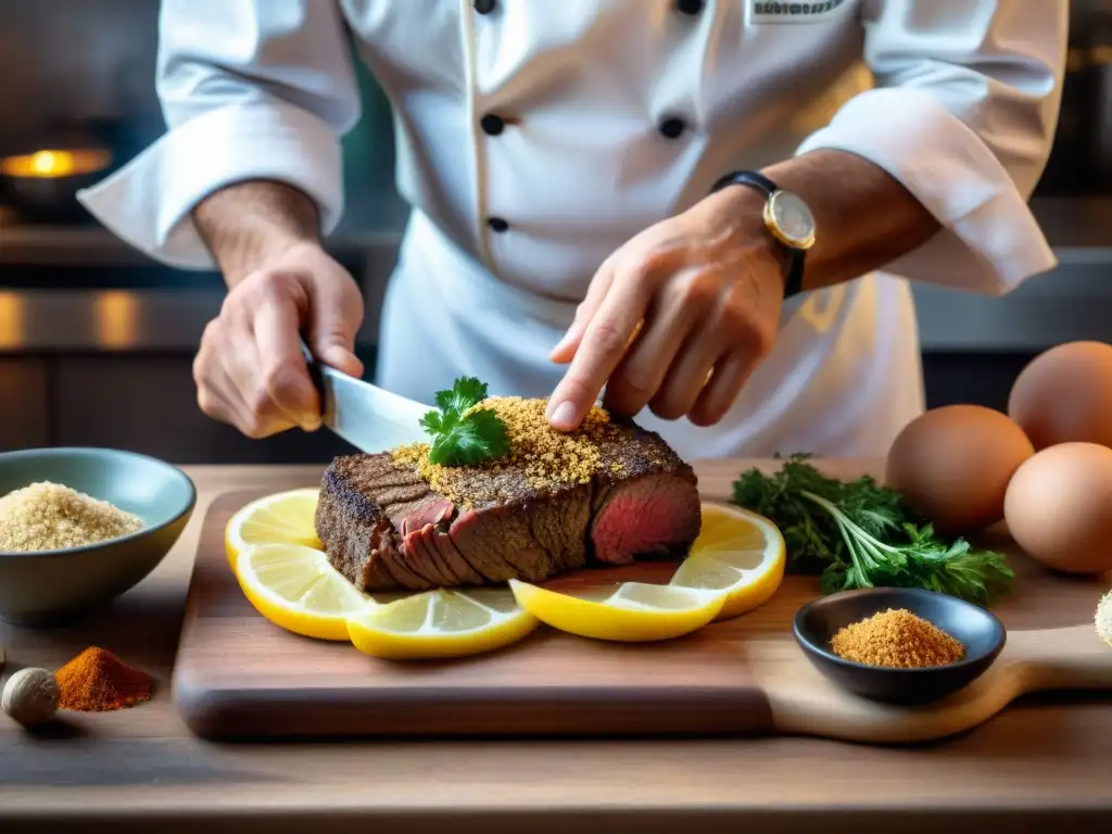 Un chef experto preparando una receta auténtica de milanesas uruguayas con detalle y pasión en una cocina rústica