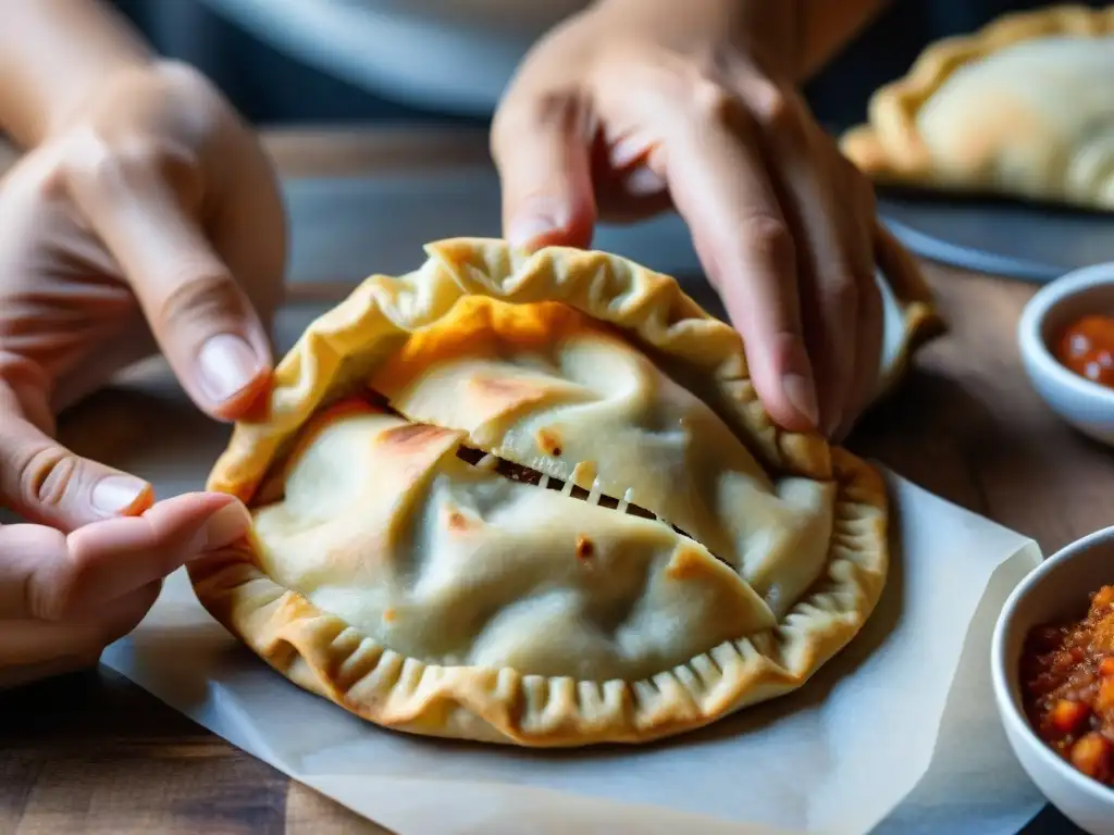 Chef experto sellando una receta auténtica empanadas uruguayas con destreza y precisión en cocina rústica