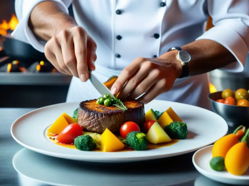 El chef experto en técnicas gourmet prepara un plato uruguayo con destreza, creando una presentación visualmente llamativa