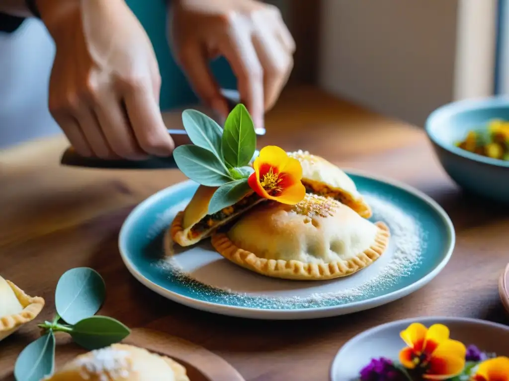 Un chef coloca flores comestibles en empanadas uruguayas, en una cocina vibrante