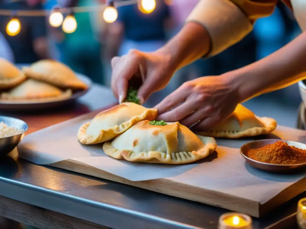 Un chef habilidoso elabora empanadas uruguayas en una feria artesanal nocturna de Uruguay