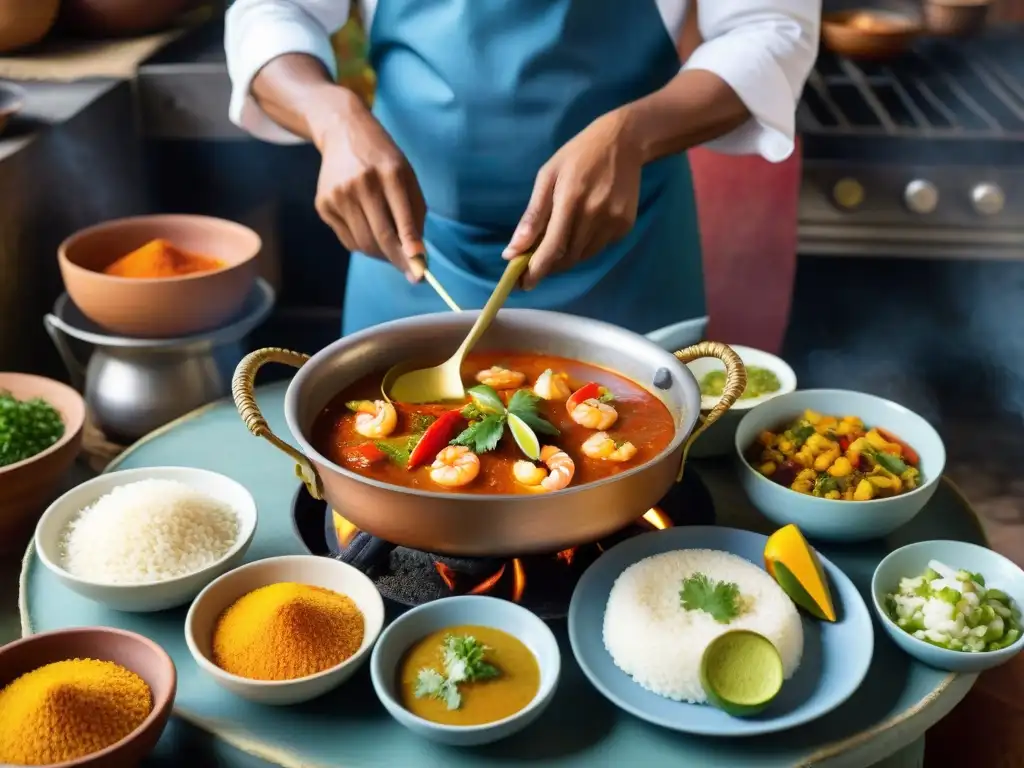 Un chef habilidoso prepara una Moqueca de Camarão afrouruguaya en una cocina bulliciosa