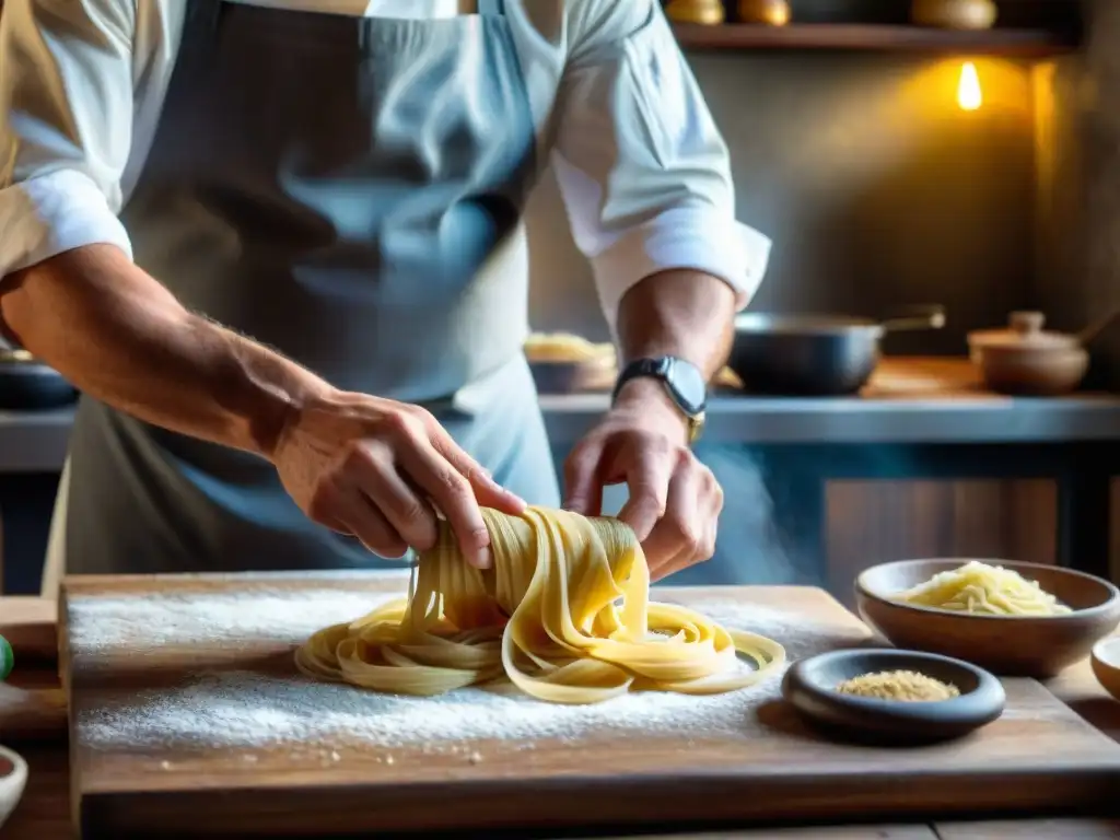 Un chef italiano preparando pasta artesanal en Uruguay, fusionando tradiciones culinarias