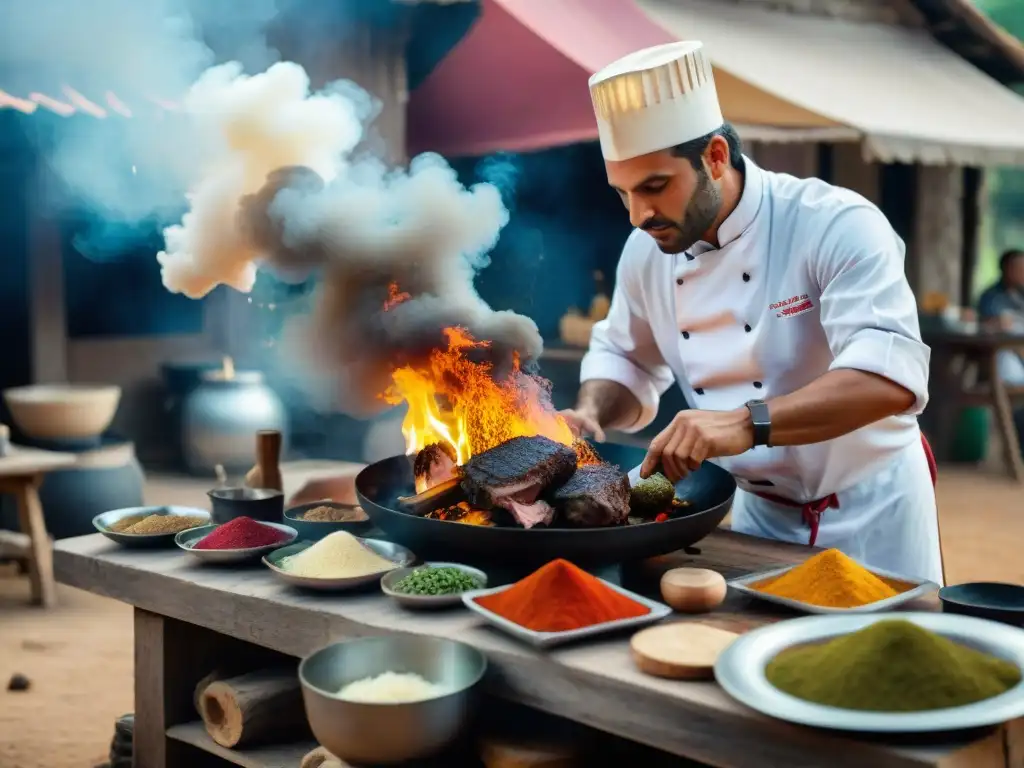 Un chef local en Salto, Uruguay, preparando un asado sobre una fogata en el campo