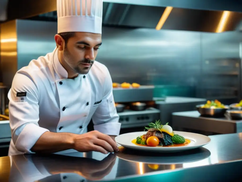 Un chef en un lujoso restaurante uruguayo creando una obra de arte culinaria