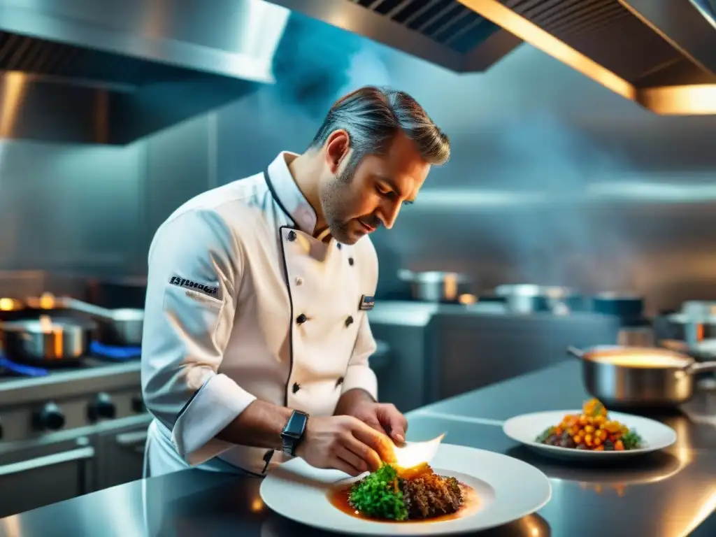 Un chef maestro plateando en una cocina de hotel boutique, con ambiente elegante y precisión