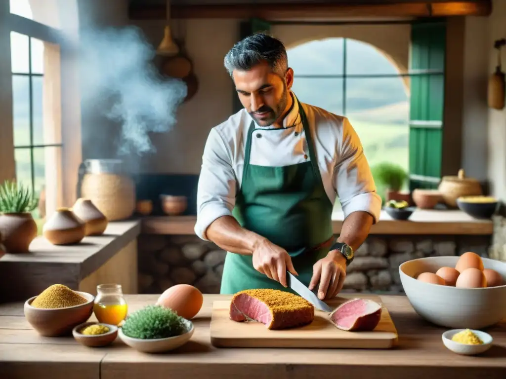 Un chef prepara milanesas uruguayas en una cocina rústica con ingredientes frescos