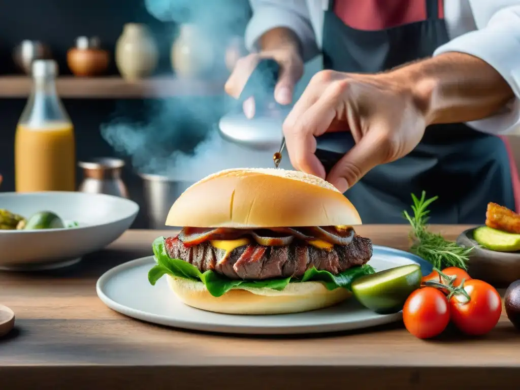 Un chef prepara con pasión un Chivito al plato en una cocina uruguaya tradicional