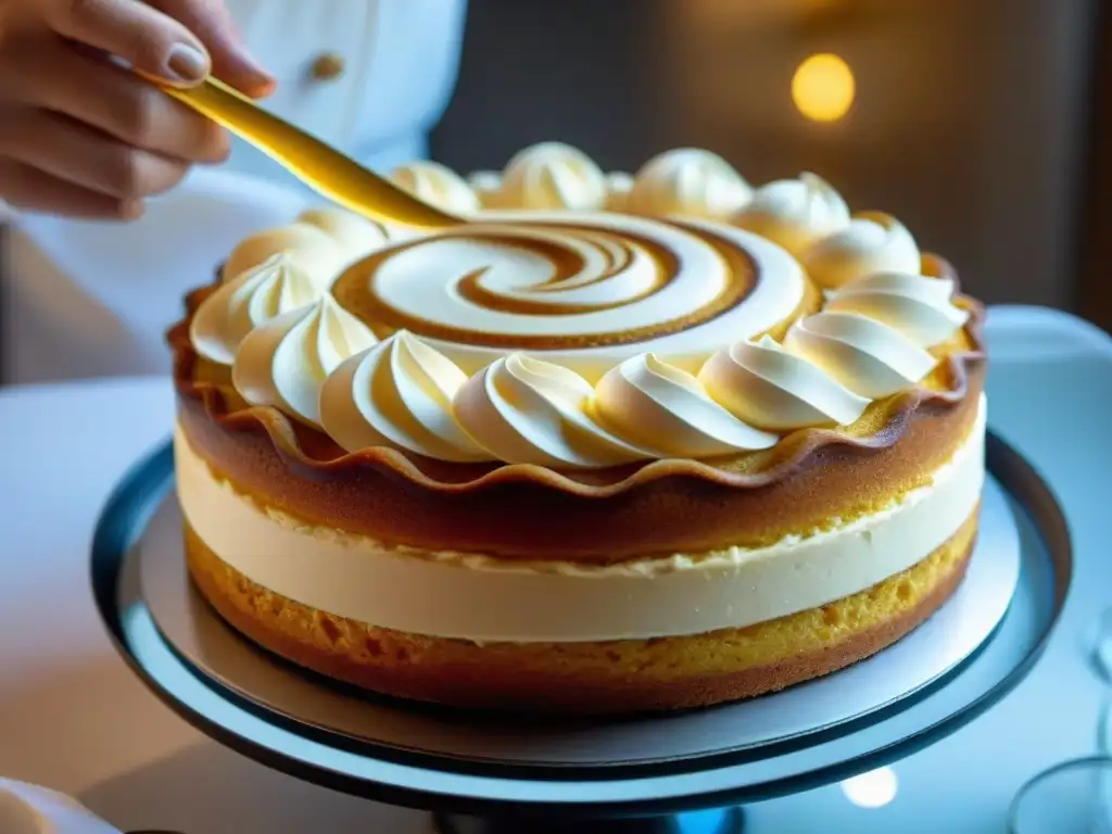 Un chef de pastelería tradicional en Uruguay adorna con precisión un chajá con crema de dulce de leche